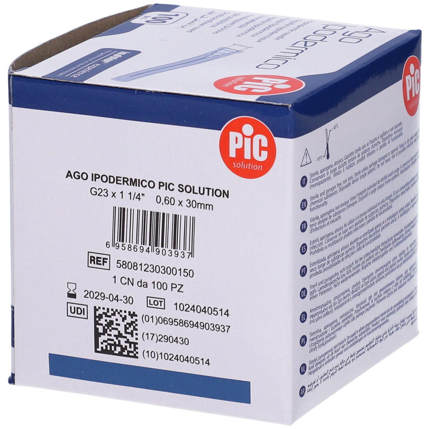 PIC Ago Ipodermico Monouso Gauge 23 1 1/4 - 100 Pezzi