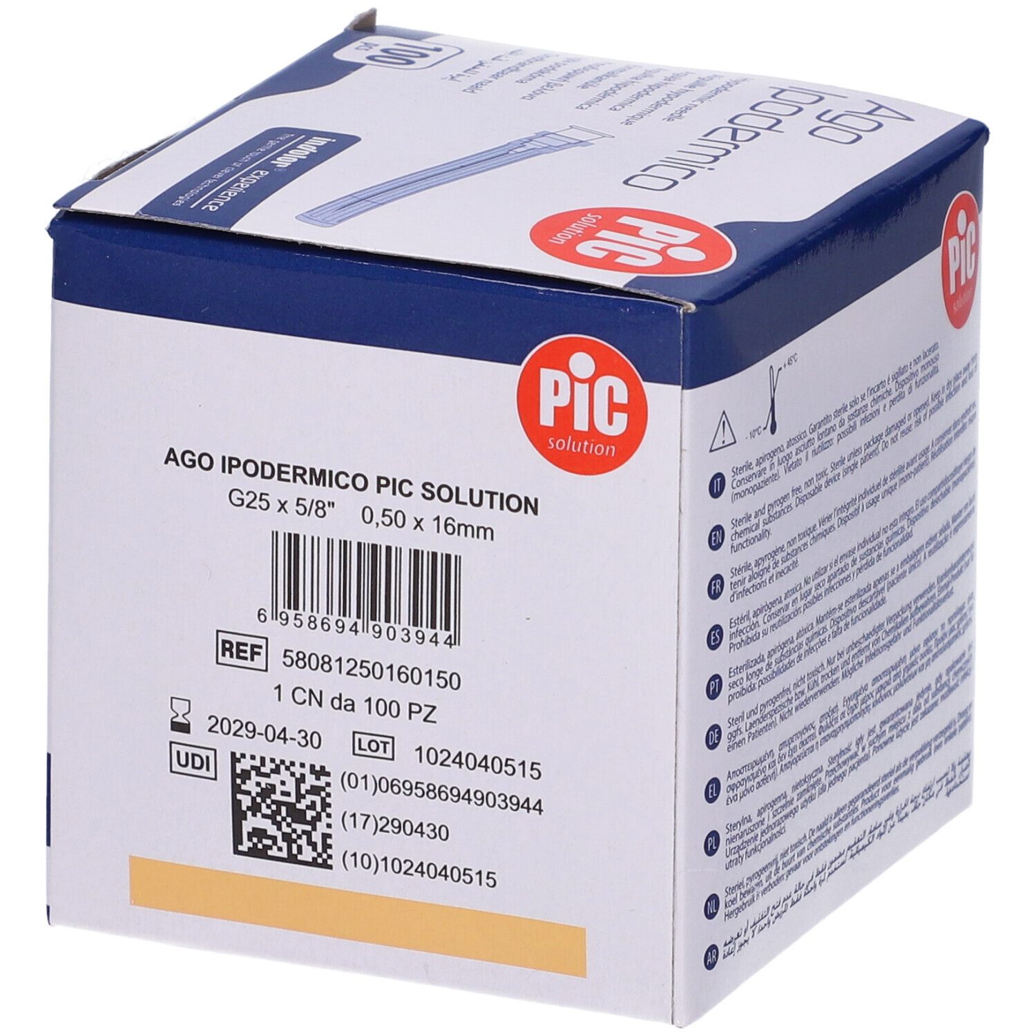 PIC Ago Ipodermico Monouso Gauge 25 5/8 - 100 Pezzi