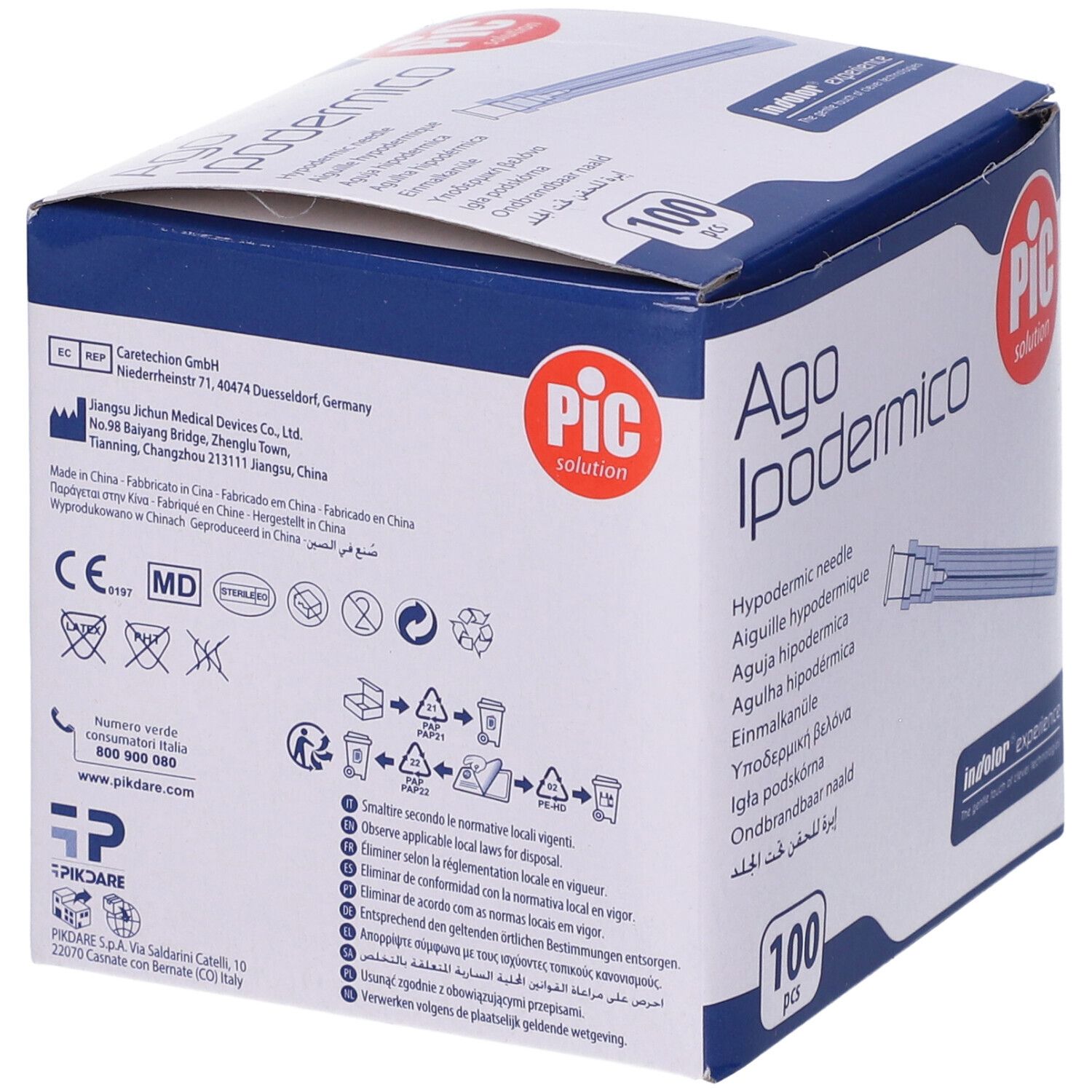 Scatola di aghi 'Ago Ipodermico'. Retro con informazioni produttore e simboli riciclo.