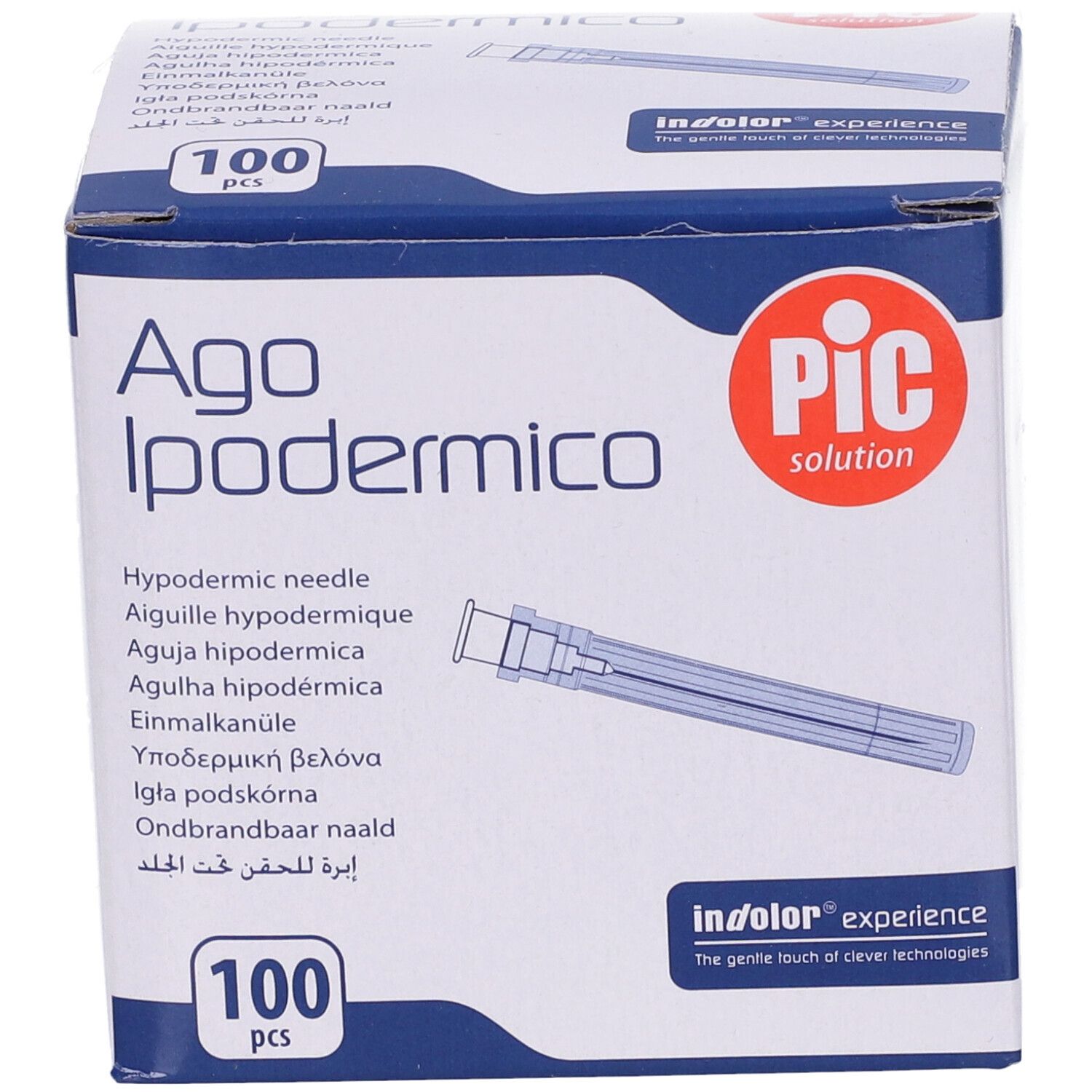 Scatola di aghi ipodermici 'Ago Ipodermico'. Contiene 100 pezzi. Marchio 'PIC solution'.