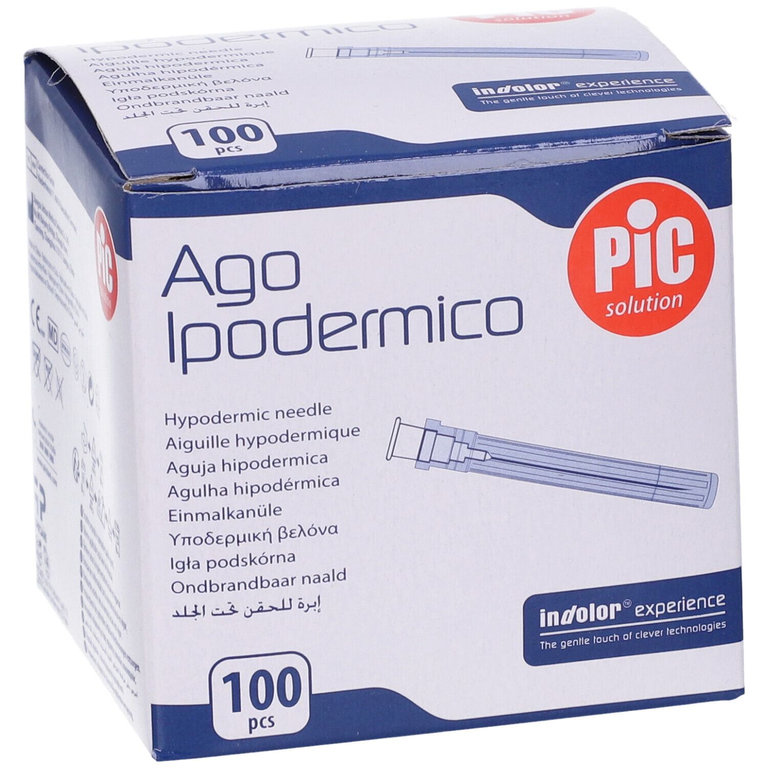 Scatola di aghi ipodermici 'Ago Ipodermico'. Contiene 100 pezzi. Marchio 'PIC solution'.
