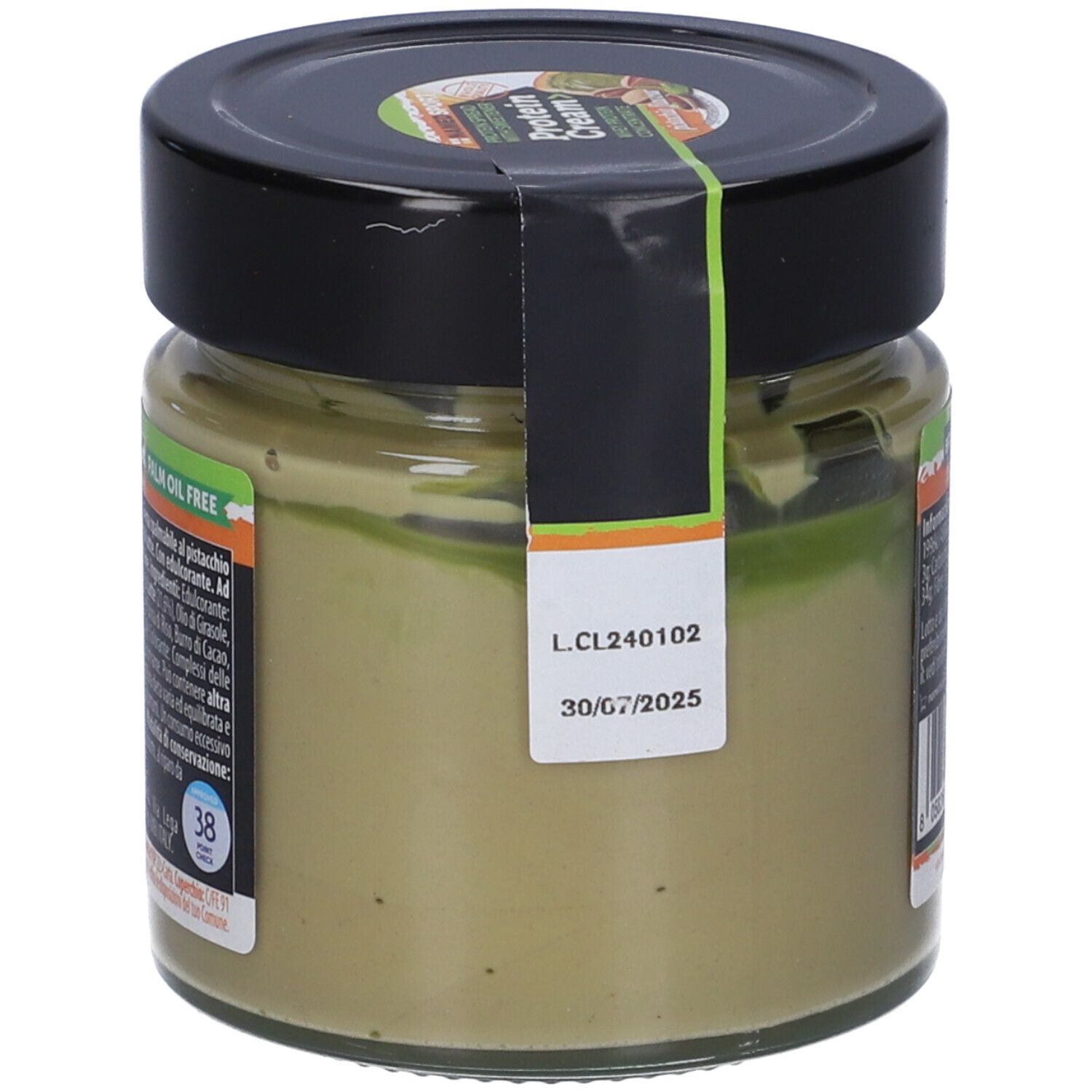 Retro del vasetto di Protein Cream Namedsport. Coperchio nero, etichette verdi con data di scadenza e numero di lotto.