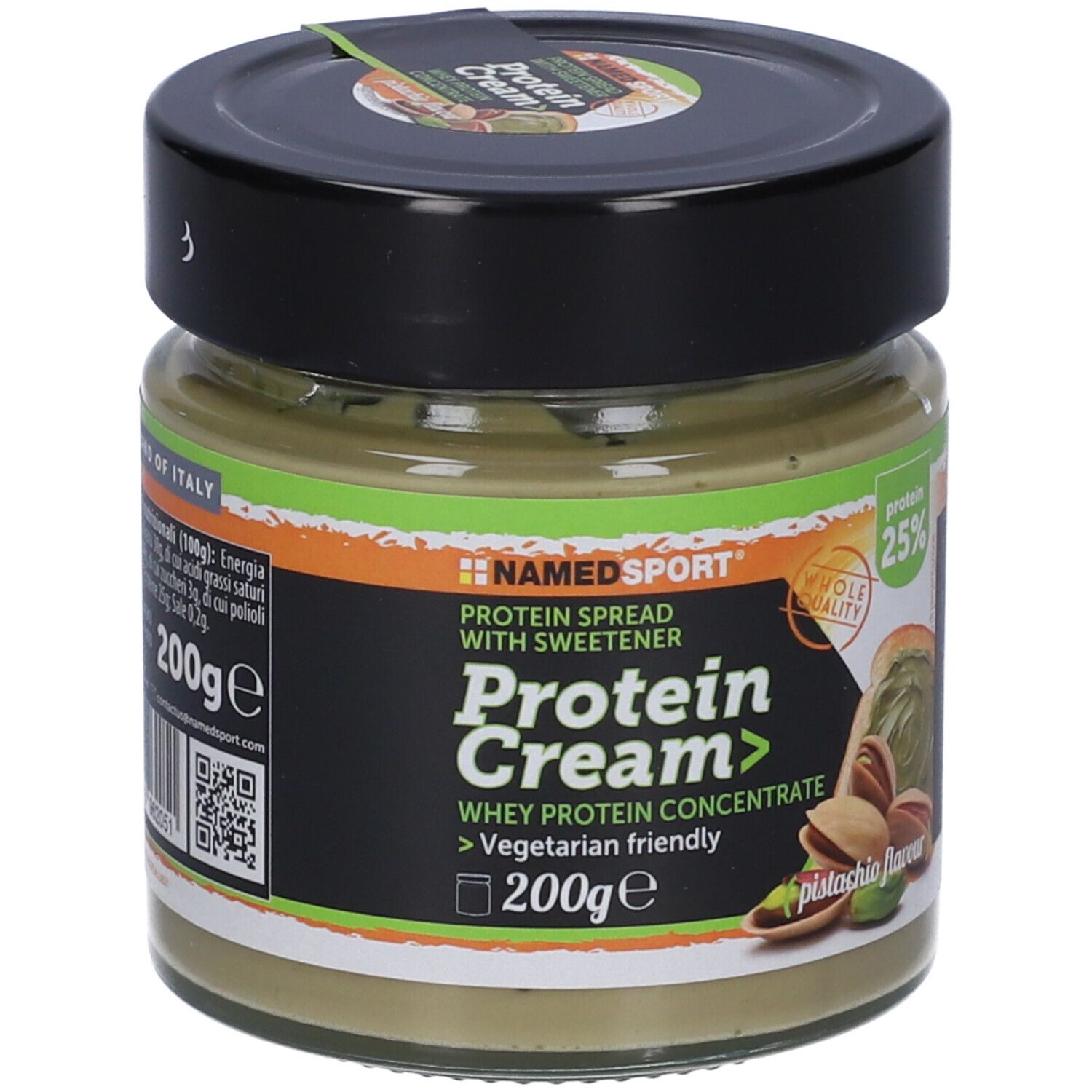 Vasetto di Protein Cream Namedsport, gusto pistacchio. Coperchio nero, etichetta verde con informazioni sul prodotto e logo.