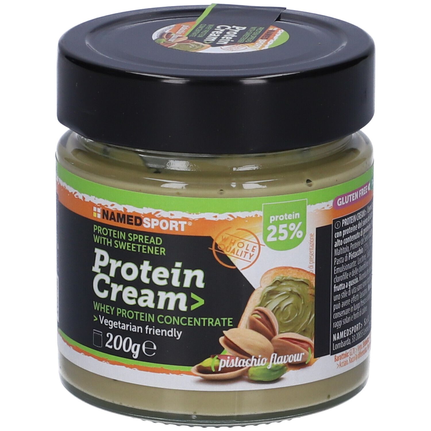 Vasetto di Protein Cream Namedsport, gusto pistacchio. Coperchio nero, etichetta verde con informazioni, logo e 25% di proteine.