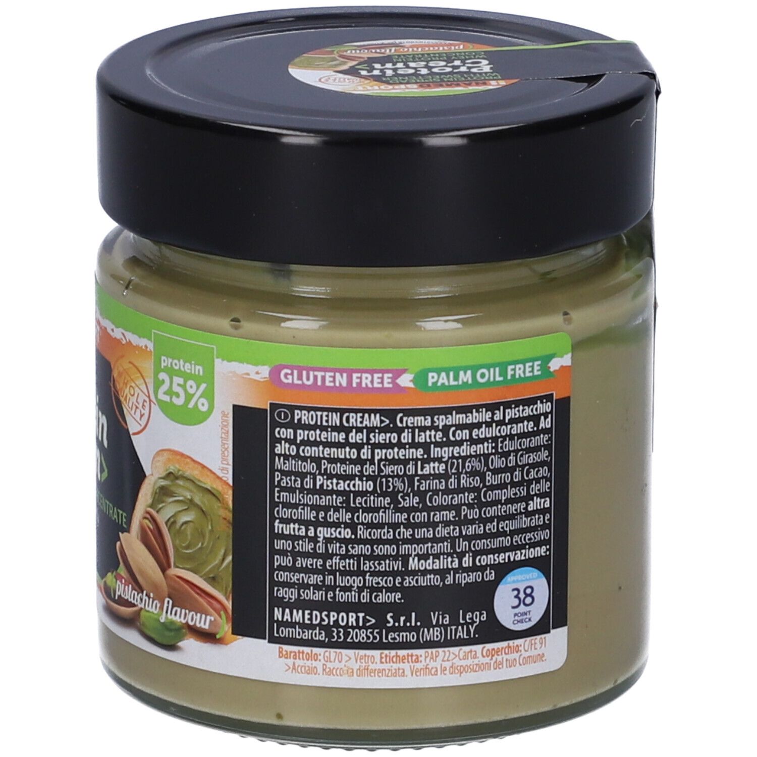 Retro del vasetto di Protein Cream Namedsport. Coperchio nero, etichetta con ingredienti, informazioni nutrizionali, senza glutine e senza olio di palma.