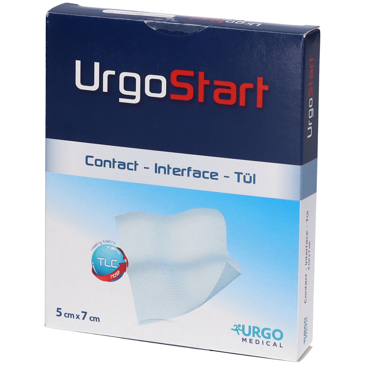 Confezione UrgoStart. Scatola blu con nome del prodotto, dimensioni 5x7 cm e logo. Vista angolata.