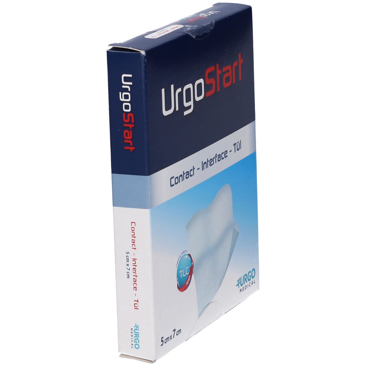 Confezione UrgoStart. Scatola blu con nome del prodotto, dimensioni 5x7 cm e logo. Vista angolata.