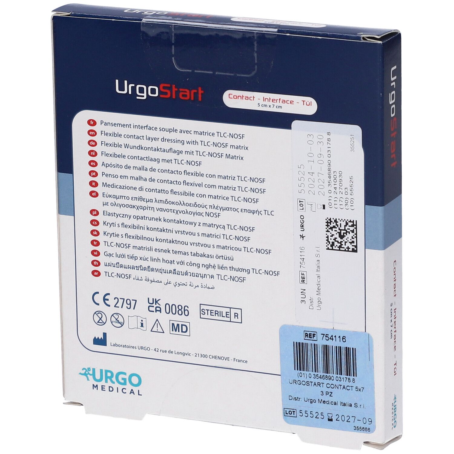 Retro della confezione UrgoStart. Testo multilingue, numero di lotto, data di scadenza, marchio CE e logo sterile.