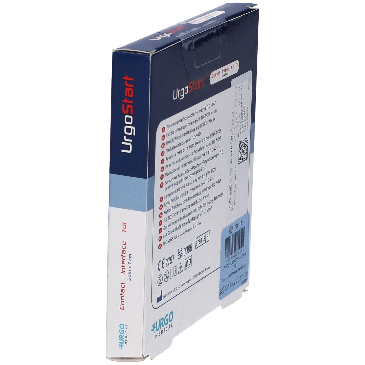 Confezione UrgoStart. Scatola blu con nome del prodotto, dimensioni 5x7 cm e logo. Vista angolata.