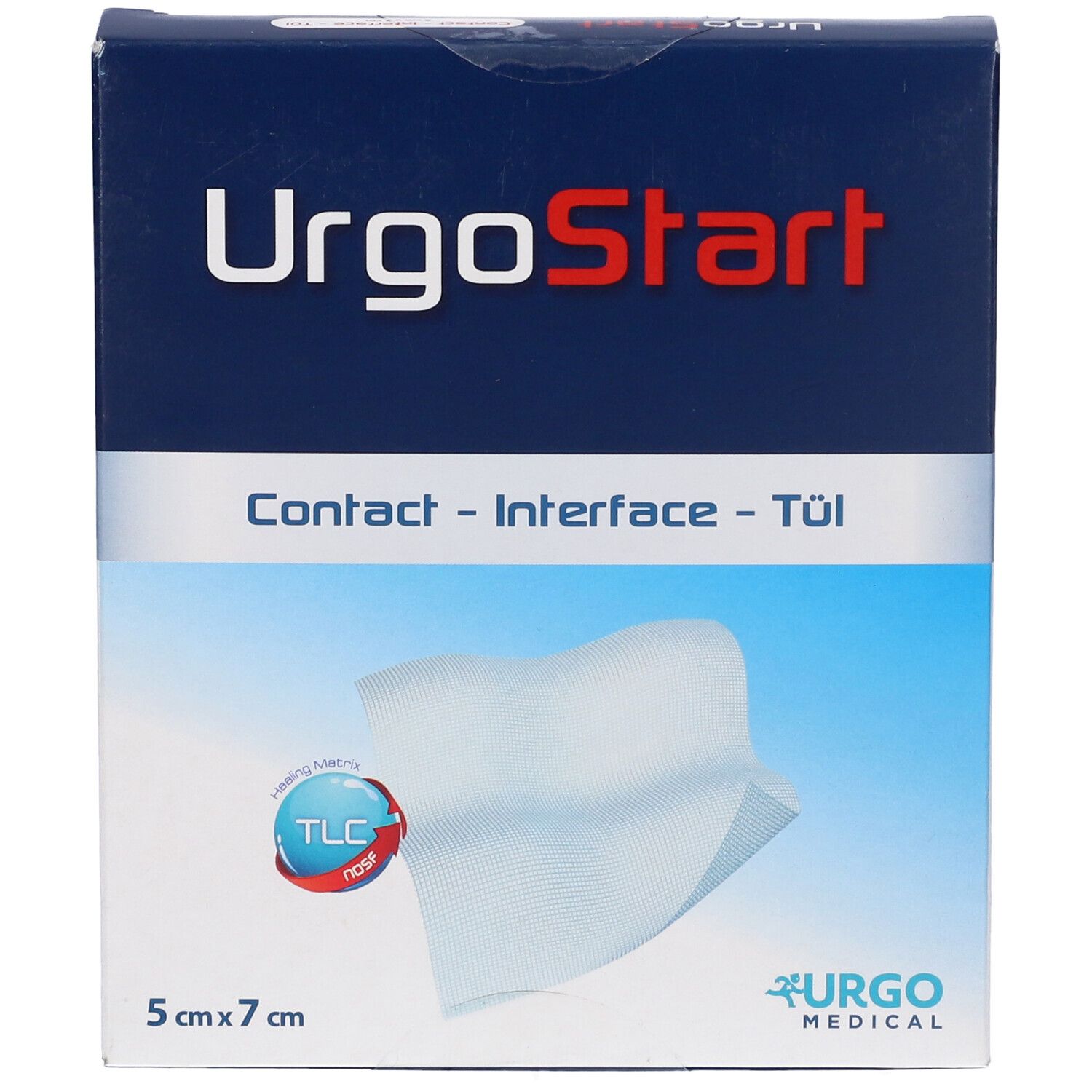 Confezione UrgoStart. Scatola blu con nome del prodotto, dimensioni 5x7 cm e logo. Vista angolata.