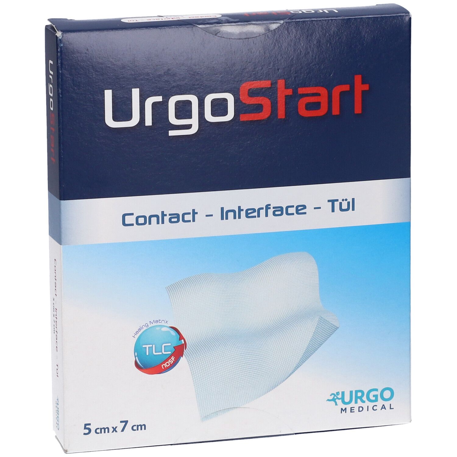 Confezione UrgoStart. Scatola blu con nome del prodotto, dimensioni 5x7 cm e logo. Compressa visibile.