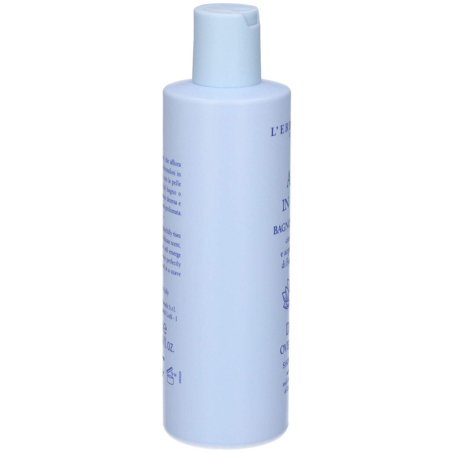 Flacone azzurro, retro. Testo: informazioni sul prodotto, ingredienti, indirizzo del produttore, numero di lotto.