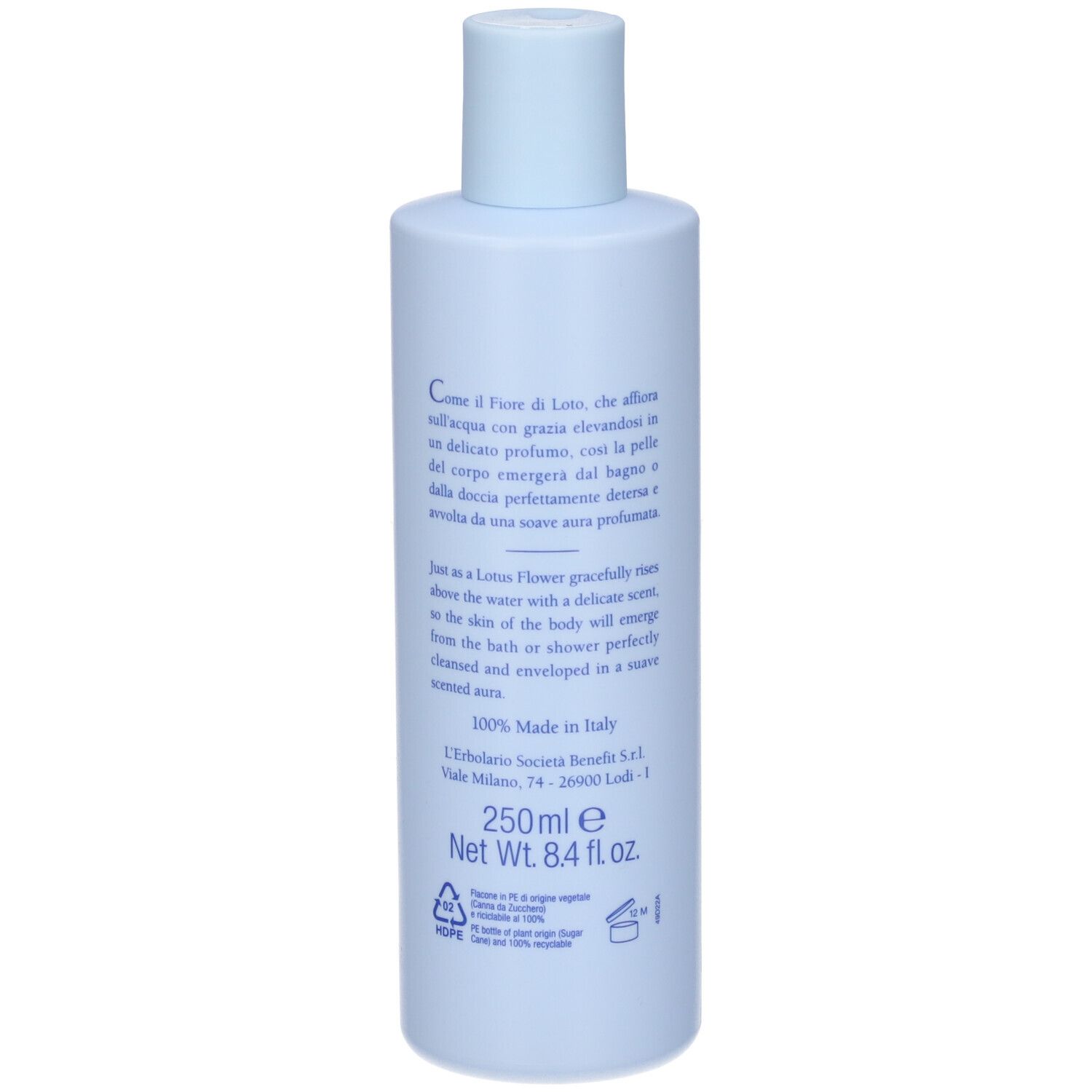 Flacone azzurro, retro. Testo: descrizione del prodotto, ingredienti, informazioni del produttore, volume.