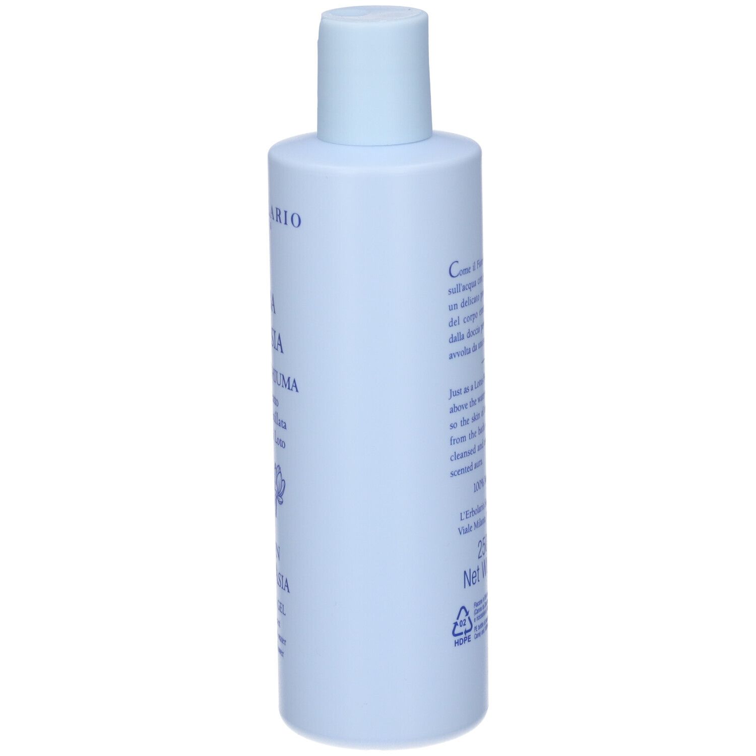 Flacone azzurro, retro. Testo: descrizione del prodotto, ingredienti, informazioni del produttore, volume.