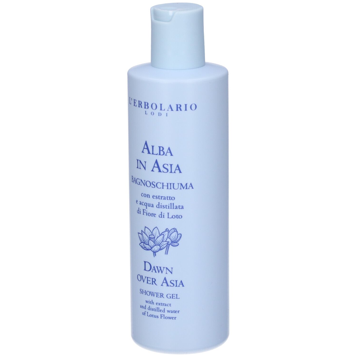 Flacone azzurro con tappo blu. Scritta: Alba in Asia, Bagnoschiuma, Dawn Over Asia, gel doccia.