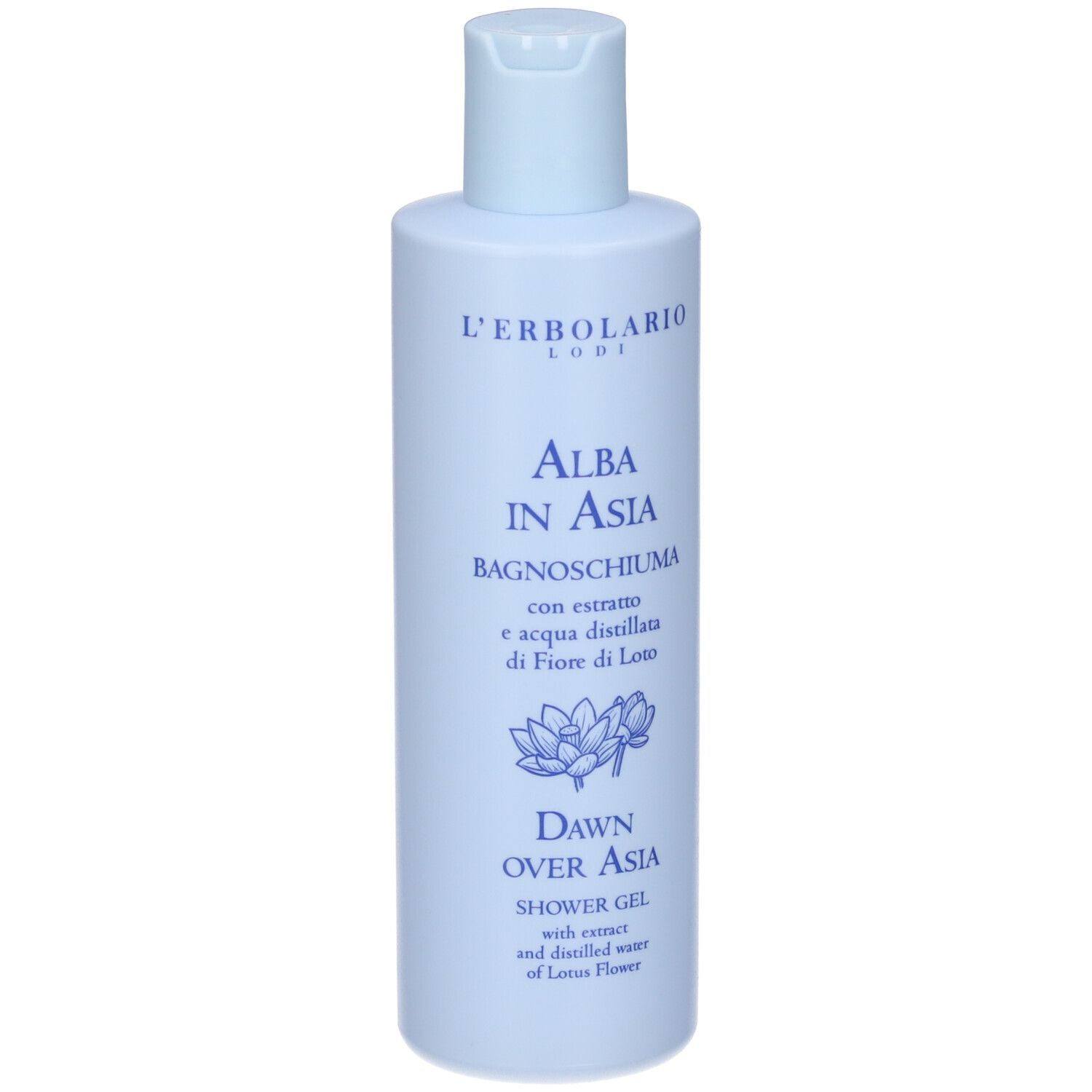 Flacone azzurro con tappo blu. Scritta: Alba in Asia, Bagnoschiuma, Dawn Over Asia, gel doccia.