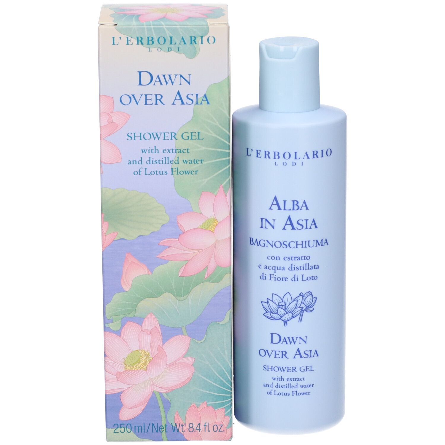 Confezione e flacone. Scritta: Alba in Asia, gel doccia, 250 ml. Illustrazione: fiori di loto.