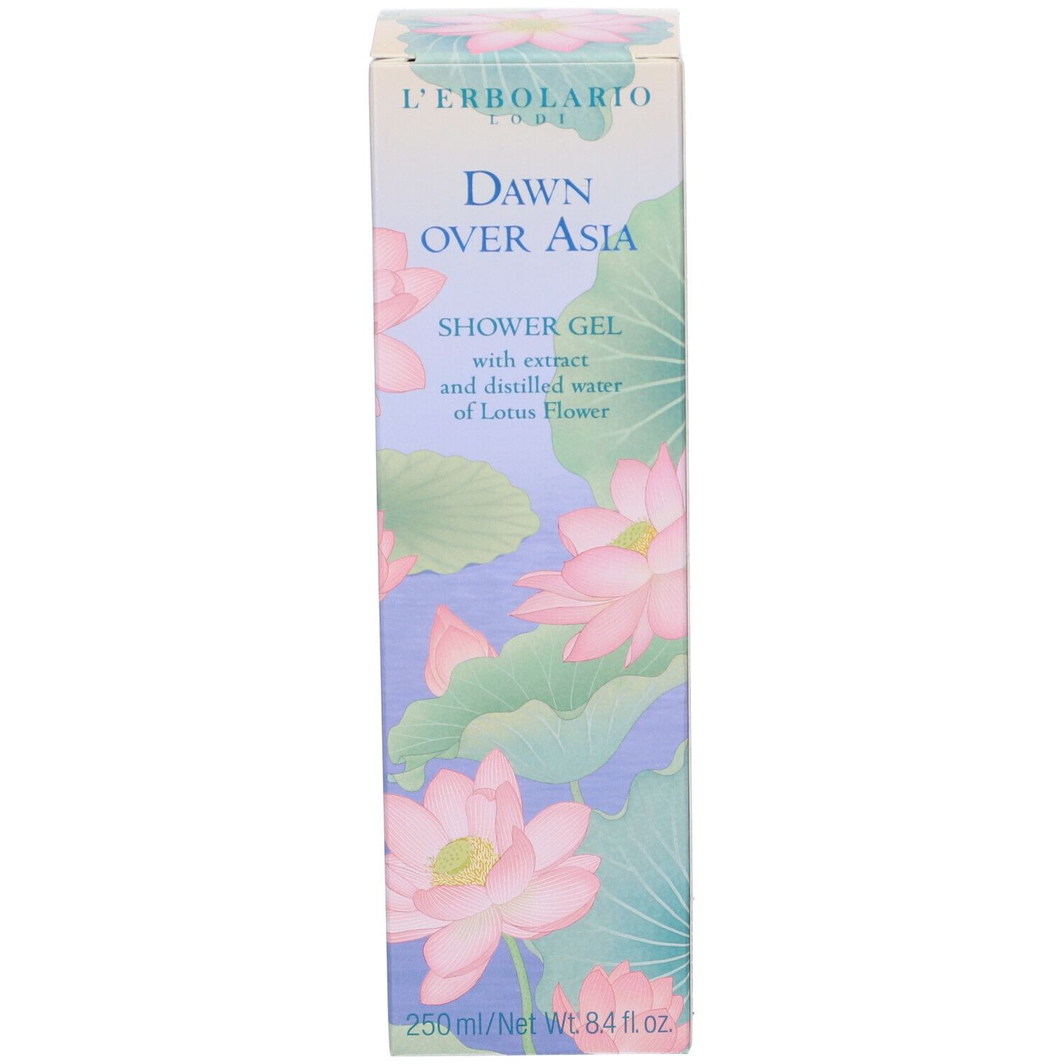 Confezione del prodotto. Scritta: Alba in Asia, gel doccia, 250 ml. Illustrazione: fiori di loto.