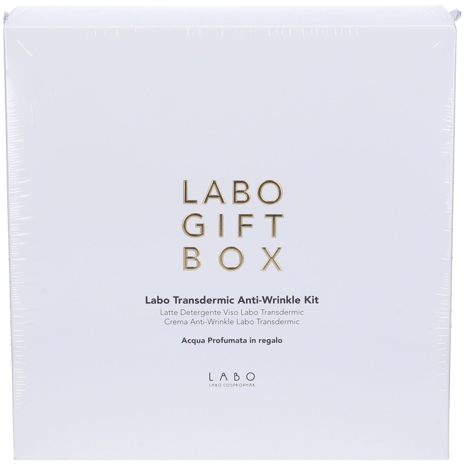 Scatola regalo bianca con scritta dorata LABO GIFT BOX. Testo: Labo Transdermic Anti-Wrinkle Kit, Acqua Profumata in regalo.