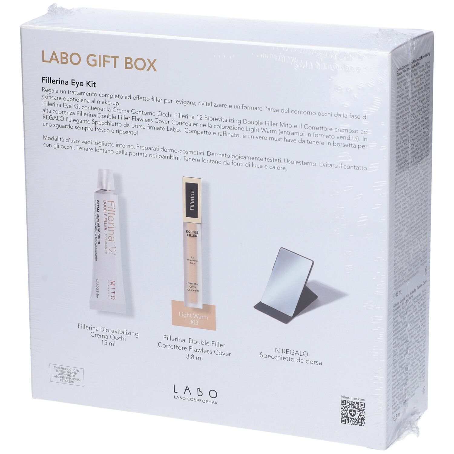 Retro della scatola LABO GIFT BOX. Contiene Fillerina Eye Kit, creme, correttore e specchietto. Prodotti visibili.