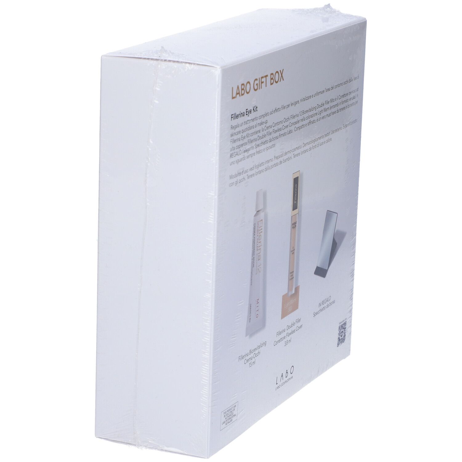 LABO GIFT BOX, scatola bianca, in diagonale. Contiene Fillerina Eye Kit. Prodotti e testo visibili.