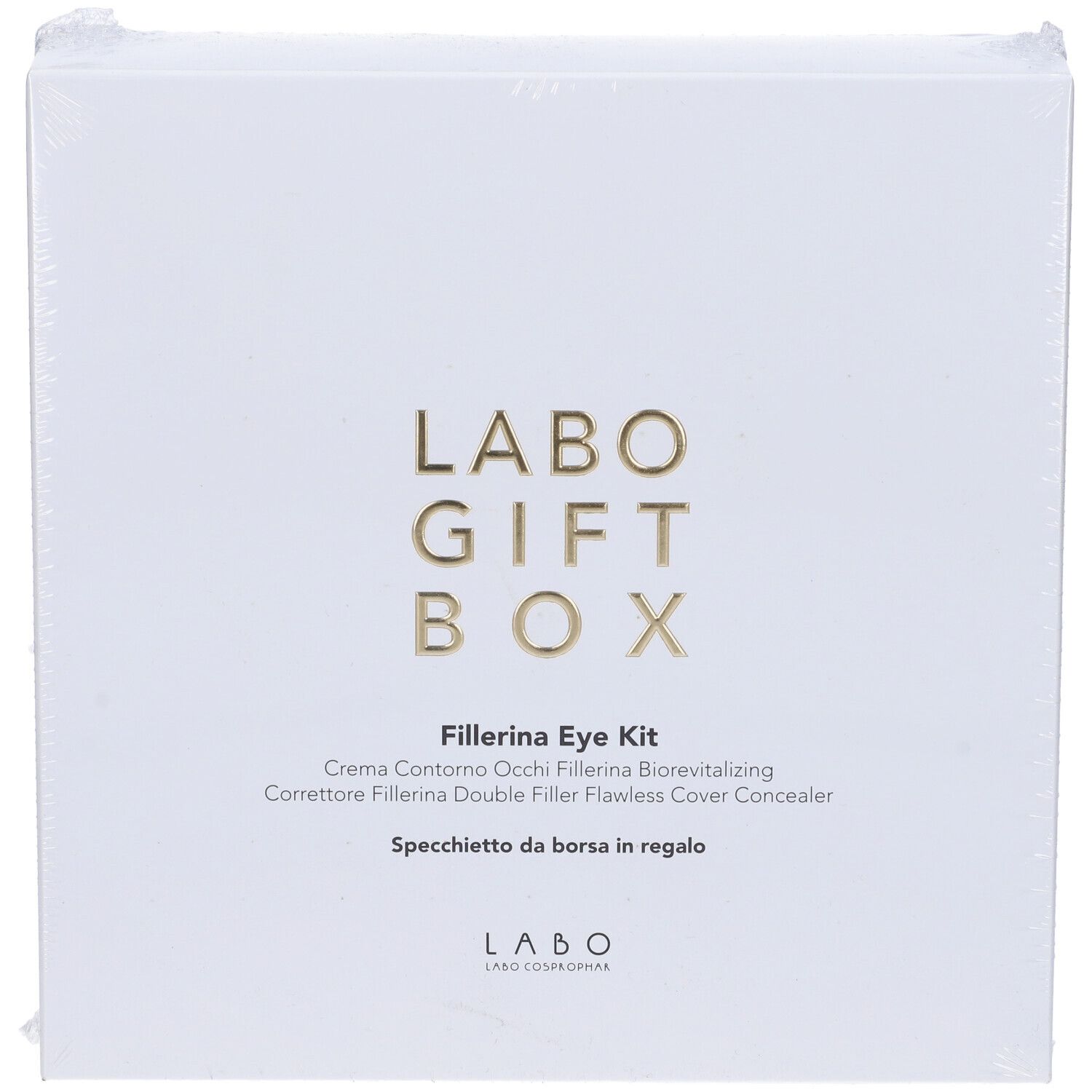 Fronte di LABO GIFT BOX. Scritta dorata: LABO GIFT BOX, Fillerina Eye Kit. Scatola bianca.