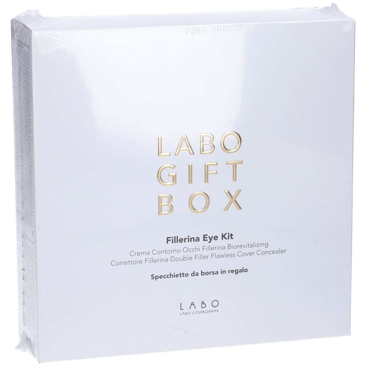 LABO GIFT BOX, scatola bianca, con scritta dorata. Contiene Fillerina Eye Kit. Confezionata in pellicola.