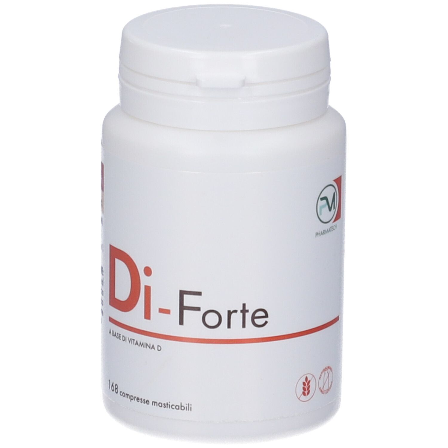 Flacone bianco con scritta rossa Di-Forte. Scritta: A BASE DI VITAMINA D. 168 compresse masticabili. Logo.