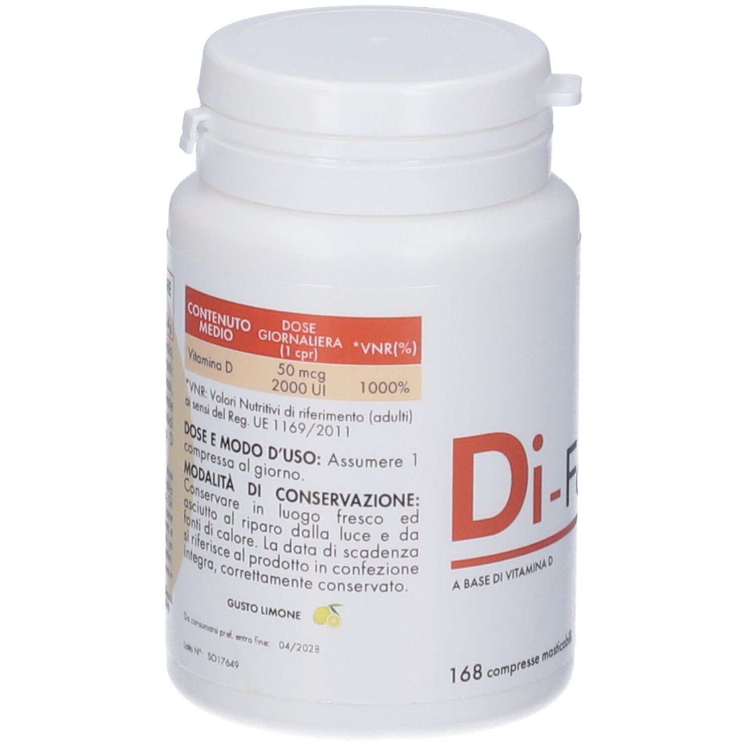 Flacone bianco con scritta rossa Di-Forte. Scritta: A BASE DI VITAMINA D. 168 compresse masticabili. Logo.