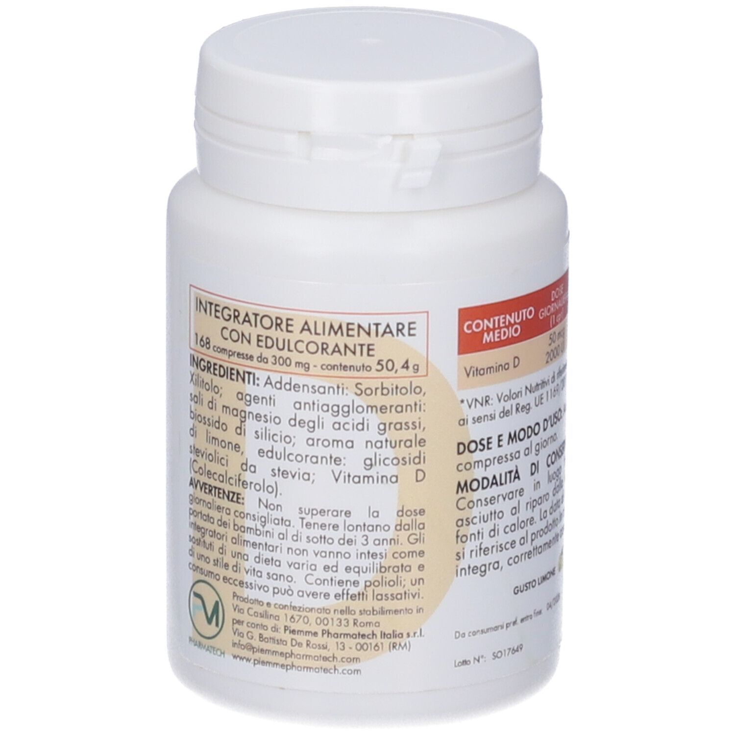 Flacone bianco con scritta rossa Di-Forte. Scritta: A BASE DI VITAMINA D. 168 compresse masticabili. Logo.