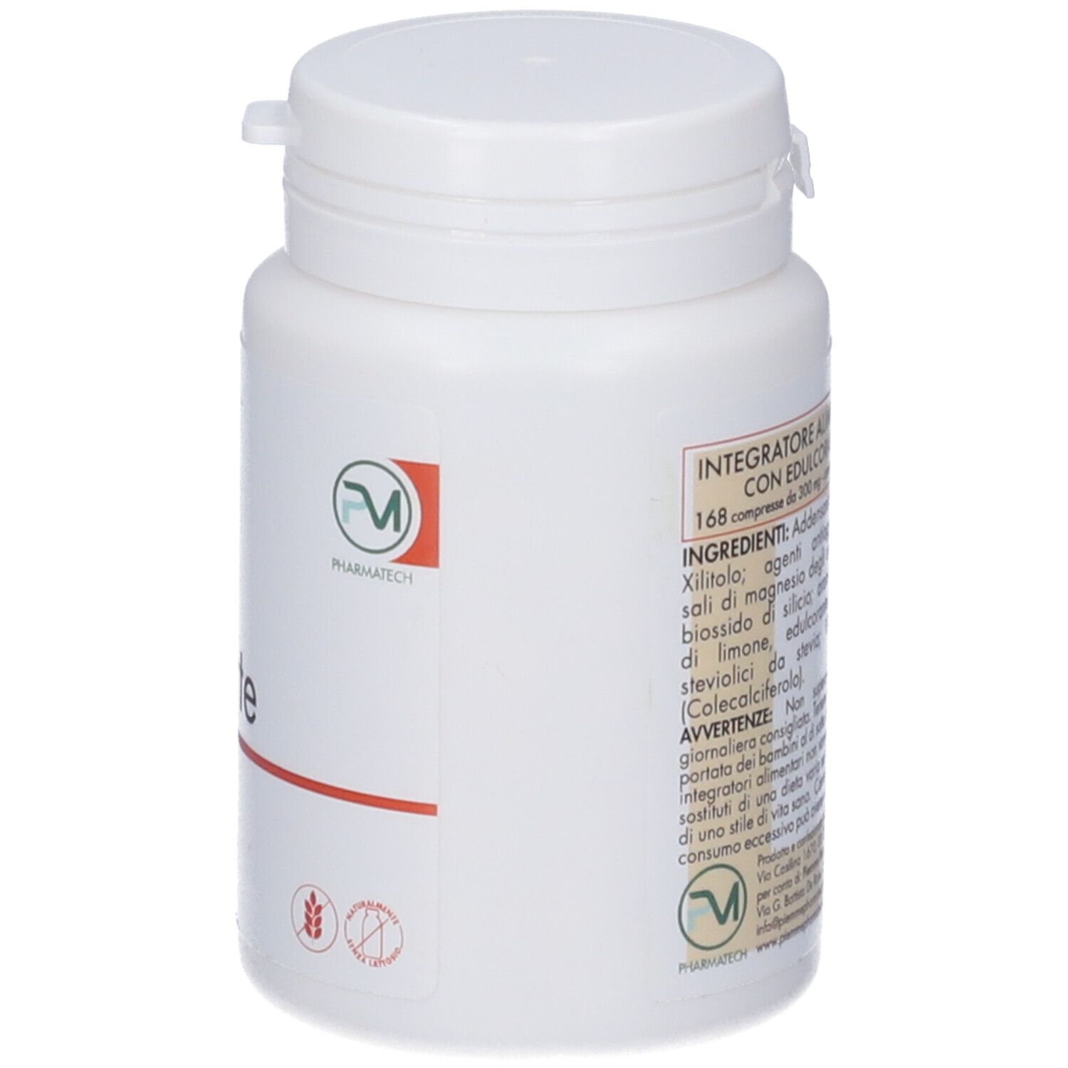 Flacone bianco con scritta rossa Di-Forte. Scritta: A BASE DI VITAMINA D. 168 compresse masticabili. Logo.