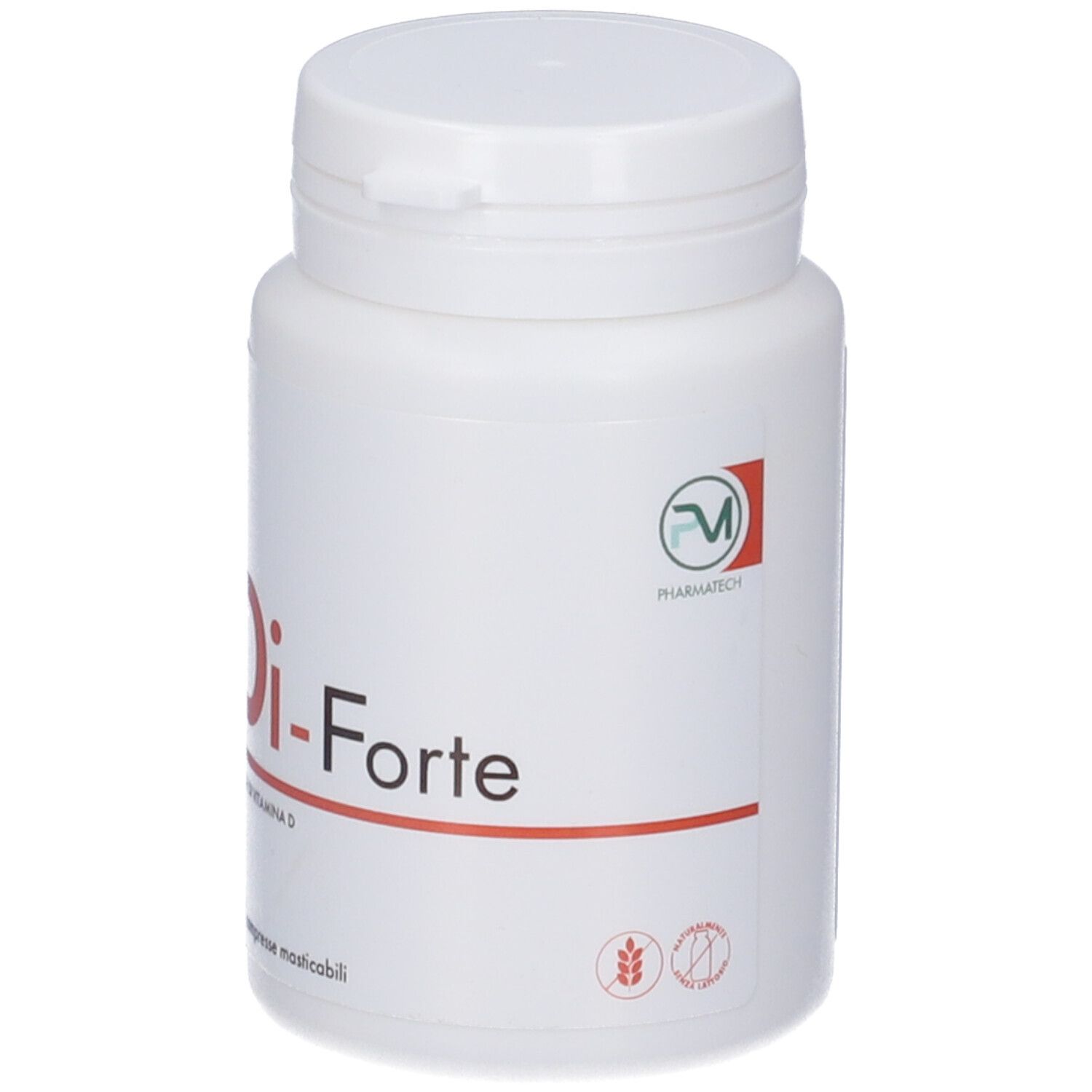 Flacone bianco con scritta rossa Di-Forte. Scritta: A BASE DI VITAMINA D. 168 compresse masticabili. Logo.