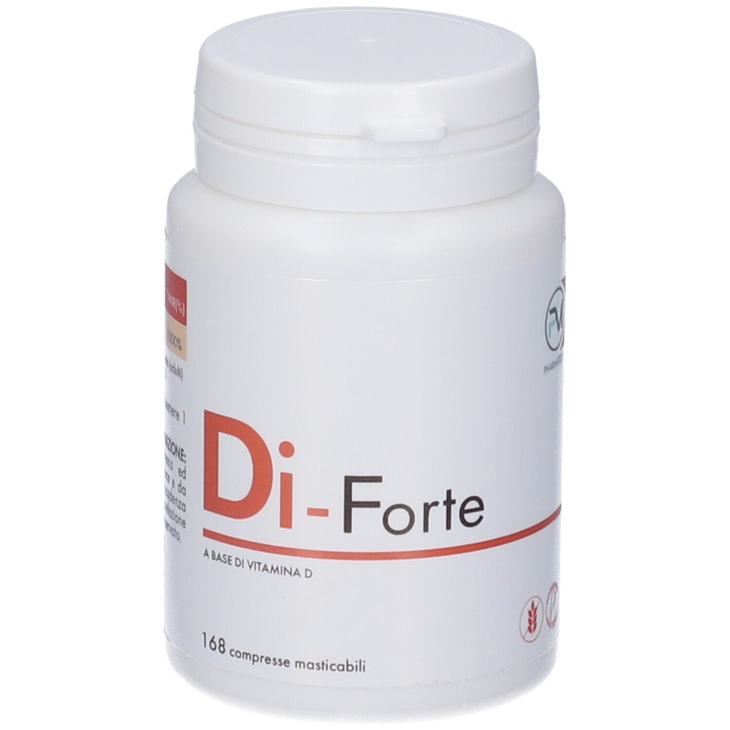 Flacone bianco con scritta rossa Di-Forte. Scritta: A BASE DI VITAMINA D. 168 compresse masticabili. Logo.