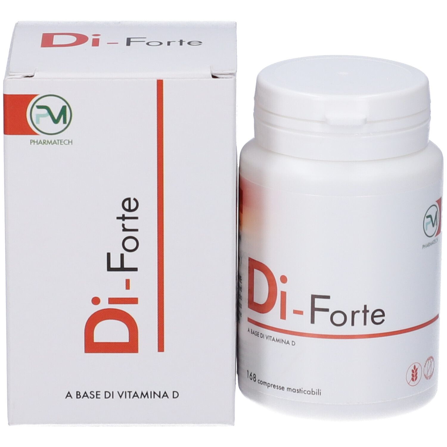 Flacone e scatola bianchi con scritta rossa Di-Forte. Scritta: A BASE DI VITAMINA D. Logo.