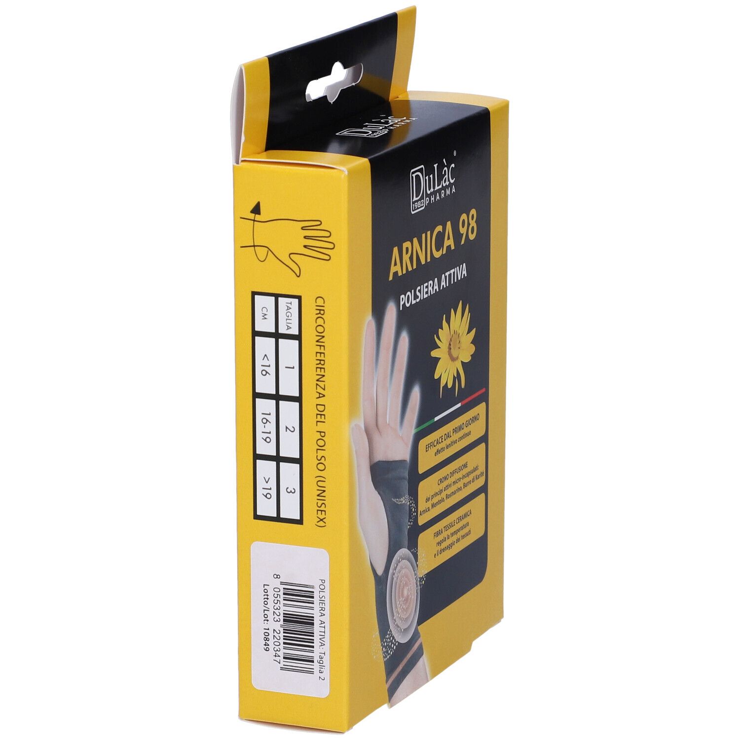 Confezione gialla, vista laterale. Scritta: Arnica 98 Polsiera Attiva. Indicazioni taglie per circonferenza polso.