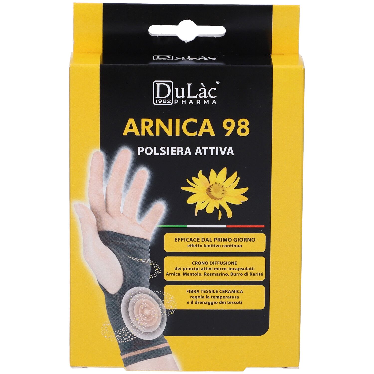 Confezione gialla con immagine del prodotto. Scritta: Arnica 98 Polsiera Attiva. Tutore per polso raffigurato.