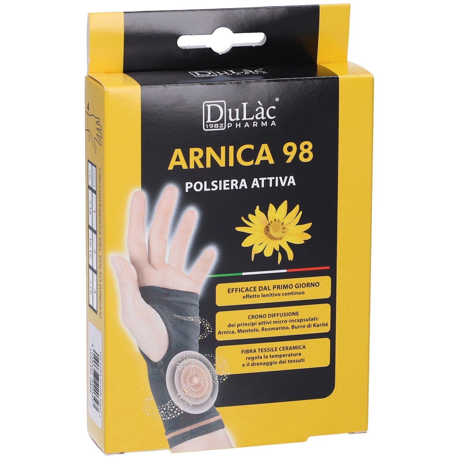 Confezione gialla con immagine del prodotto. Scritta: Arnica 98 Polsiera Attiva. Tutore per polso raffigurato.