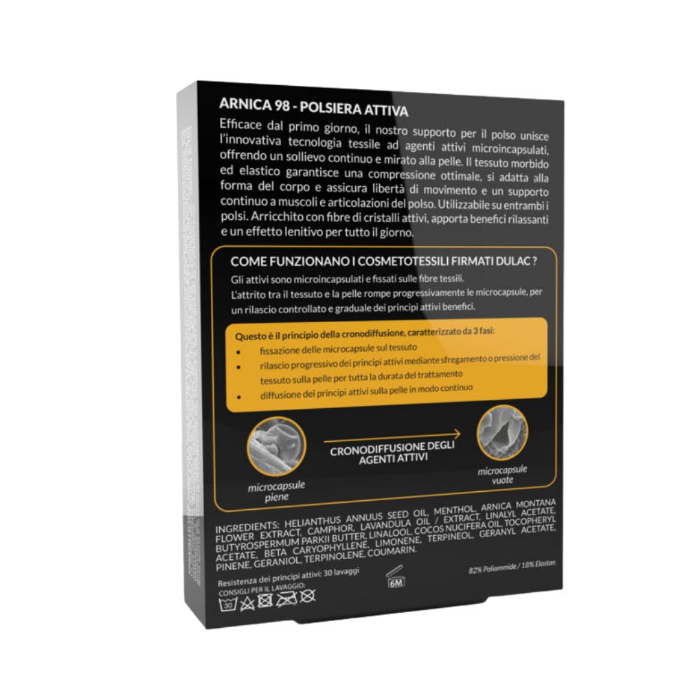 Retro della confezione di Dulac Arnica Active 98% Polsiera Attiva. Testo e diagrammi descrivono le caratteristiche e gli ingredienti.