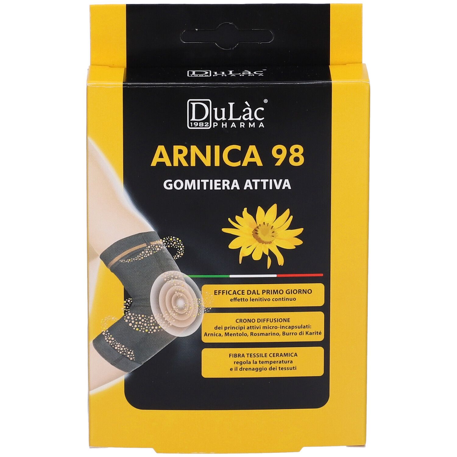 Confezione gialla con immagine del prodotto. Scritta: Arnica 98 Gomitiera Attiva. Marchio: Dulàc Pharma. Fiore giallo.