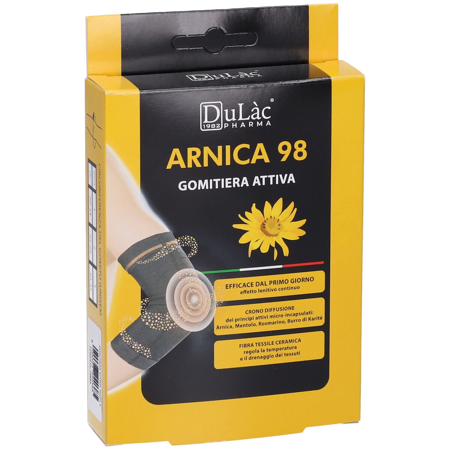 Confezione gialla con immagine del prodotto. Scritta: Arnica 98 Gomitiera Attiva. Marchio: Dulàc Pharma. Fiore giallo.