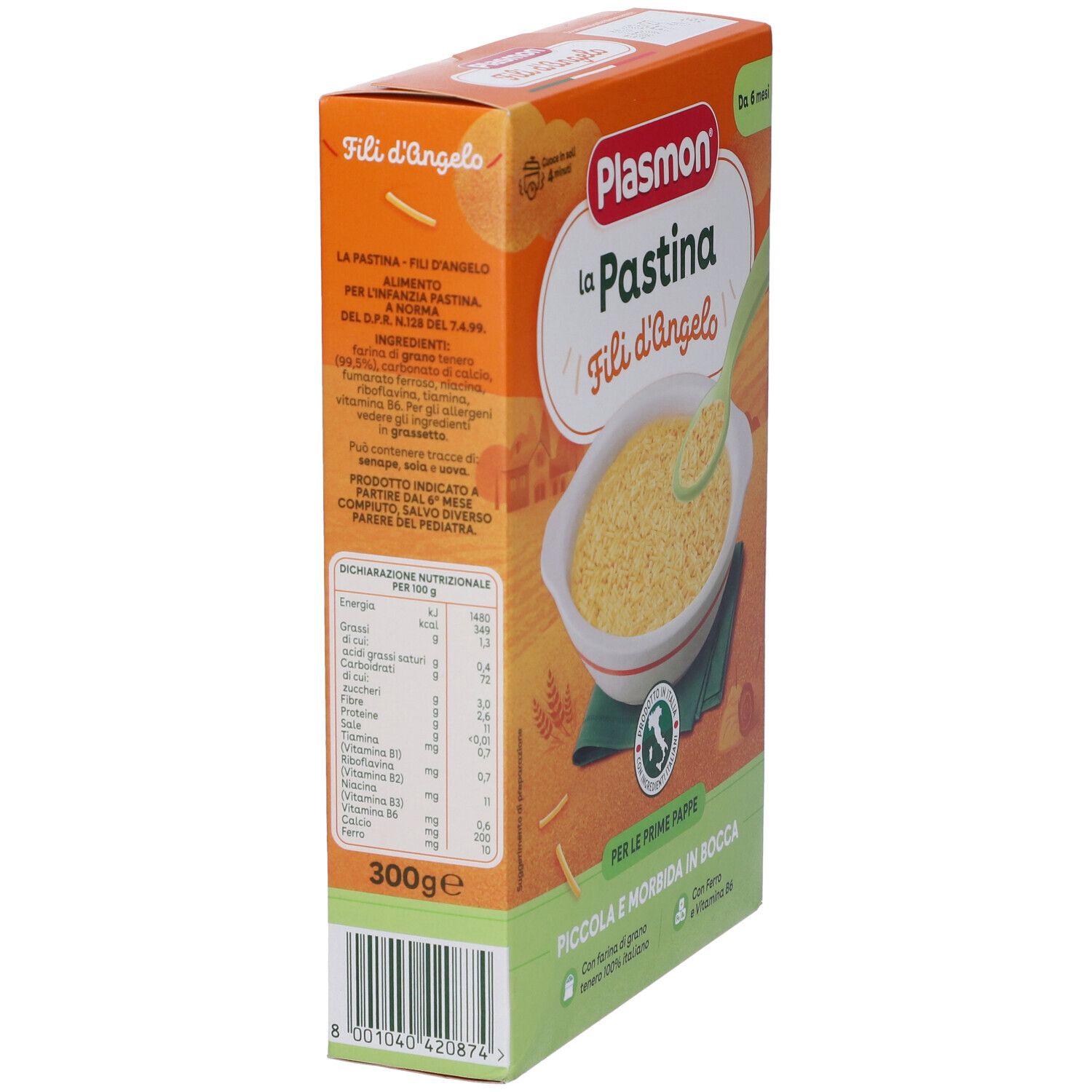 Confezione di Plasmon La Pastina Fili d'Angelo, vista laterale. Informazioni nutrizionali e dettagli del prodotto. Peso: 300g.