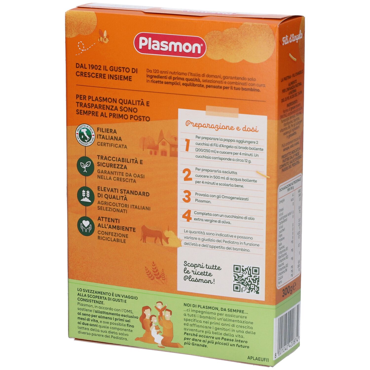 Retro della confezione Plasmon La Pastina Fili d'Angelo. Testo sulla qualità, preparazione e dosaggio. Codice QR.