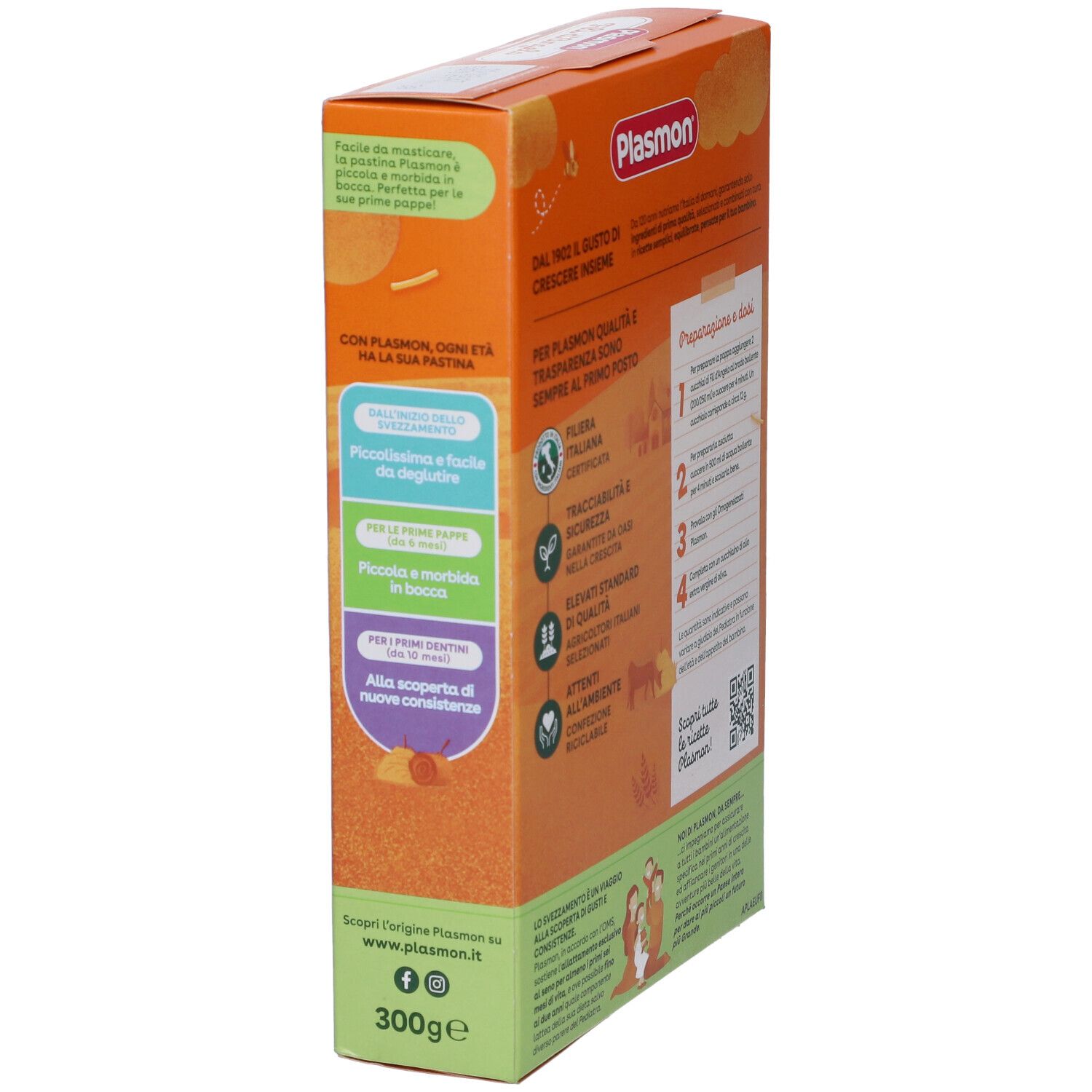 Vista laterale della confezione Plasmon La Pastina Fili d'Angelo. Testo sui vantaggi e la preparazione. Peso: 300g.