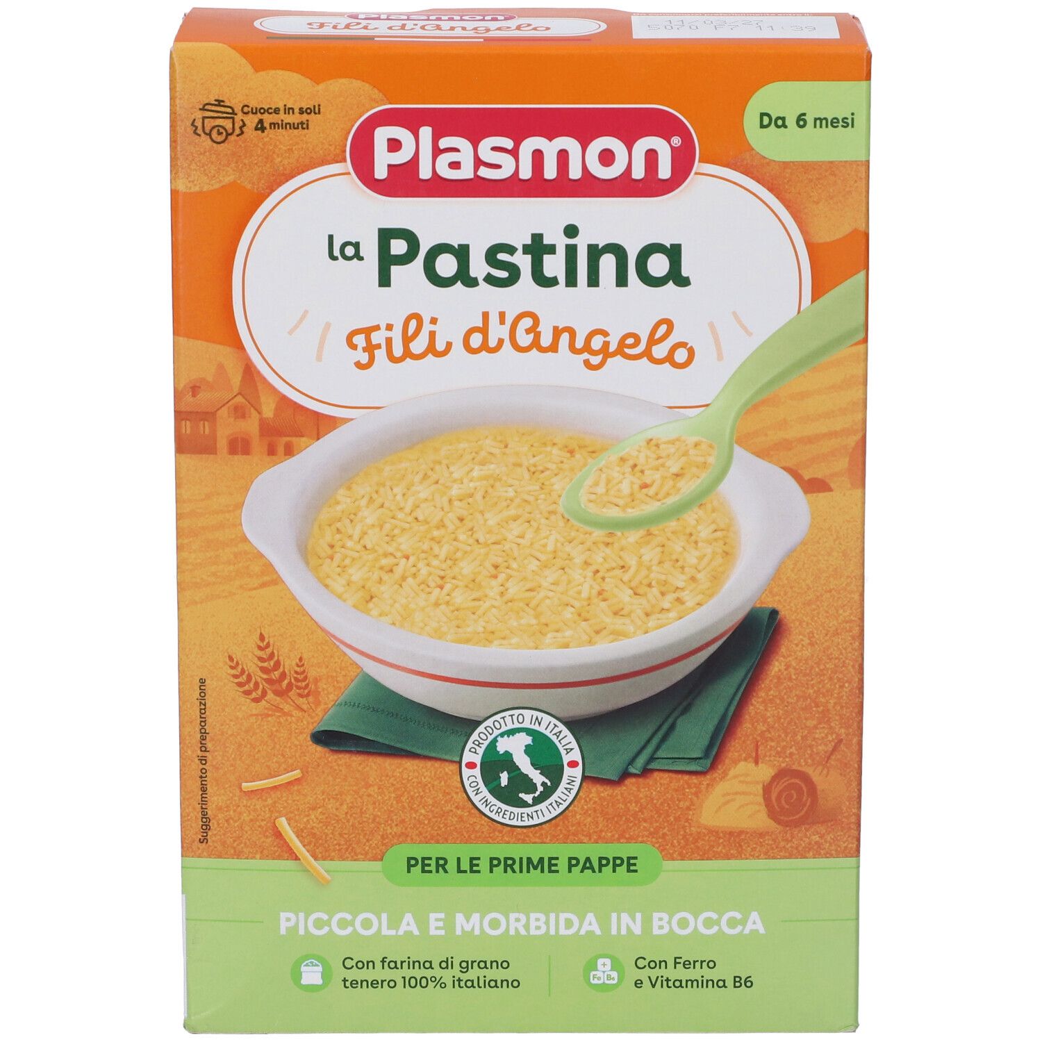 Confezione di Plasmon La Pastina Fili d'Angelo. Mostra una ciotola con pasta e un cucchiaio. Testo: 'Da 6 mesi'.