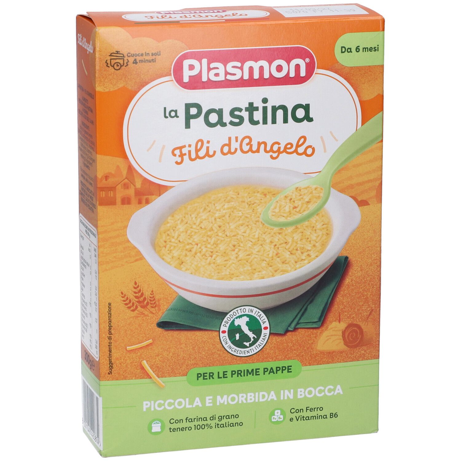 Confezione di Plasmon La Pastina Fili d'Angelo. Mostra una ciotola con pasta e un cucchiaio. Testo: 'Da 6 mesi'.