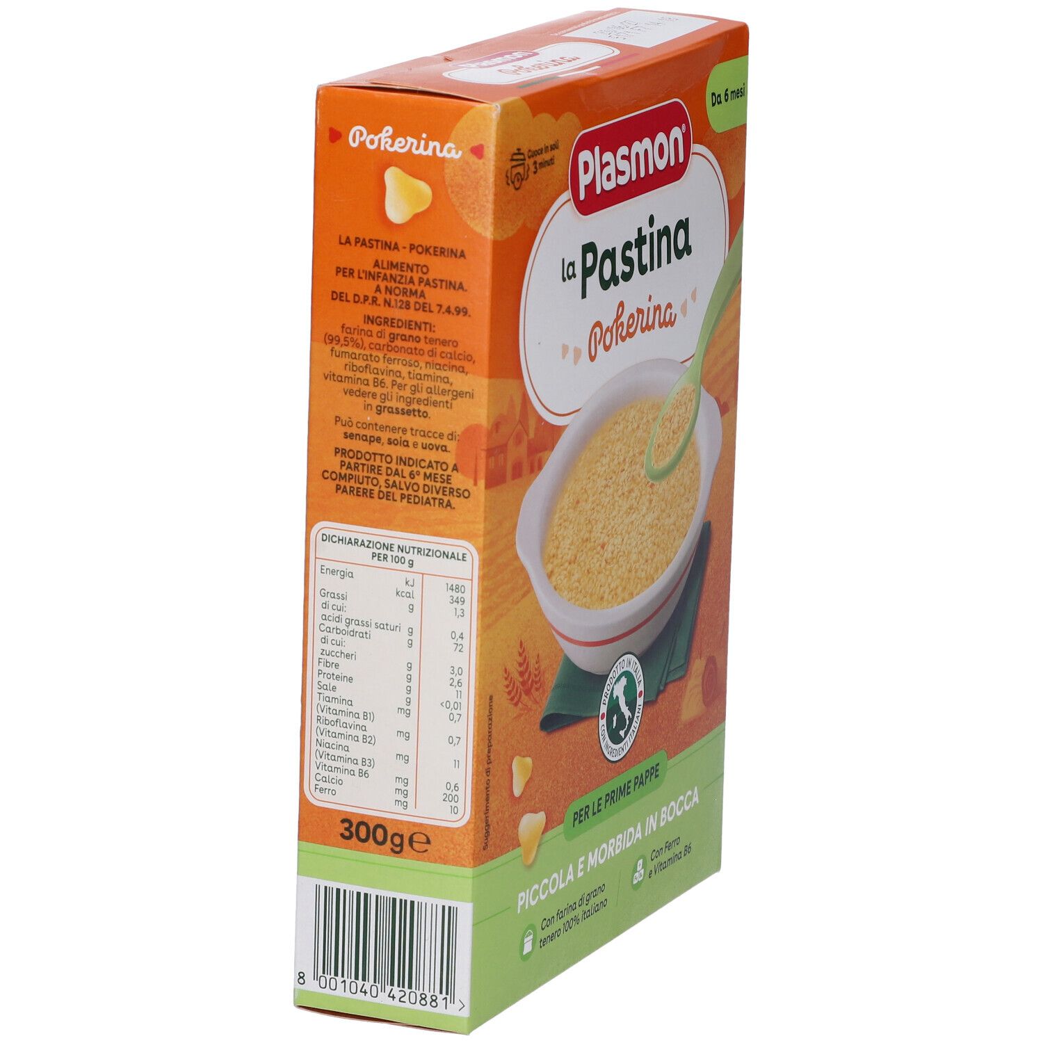 Vista laterale della confezione Plasmon La Pastina Pokerina. Contiene informazioni nutrizionali e ingredienti.