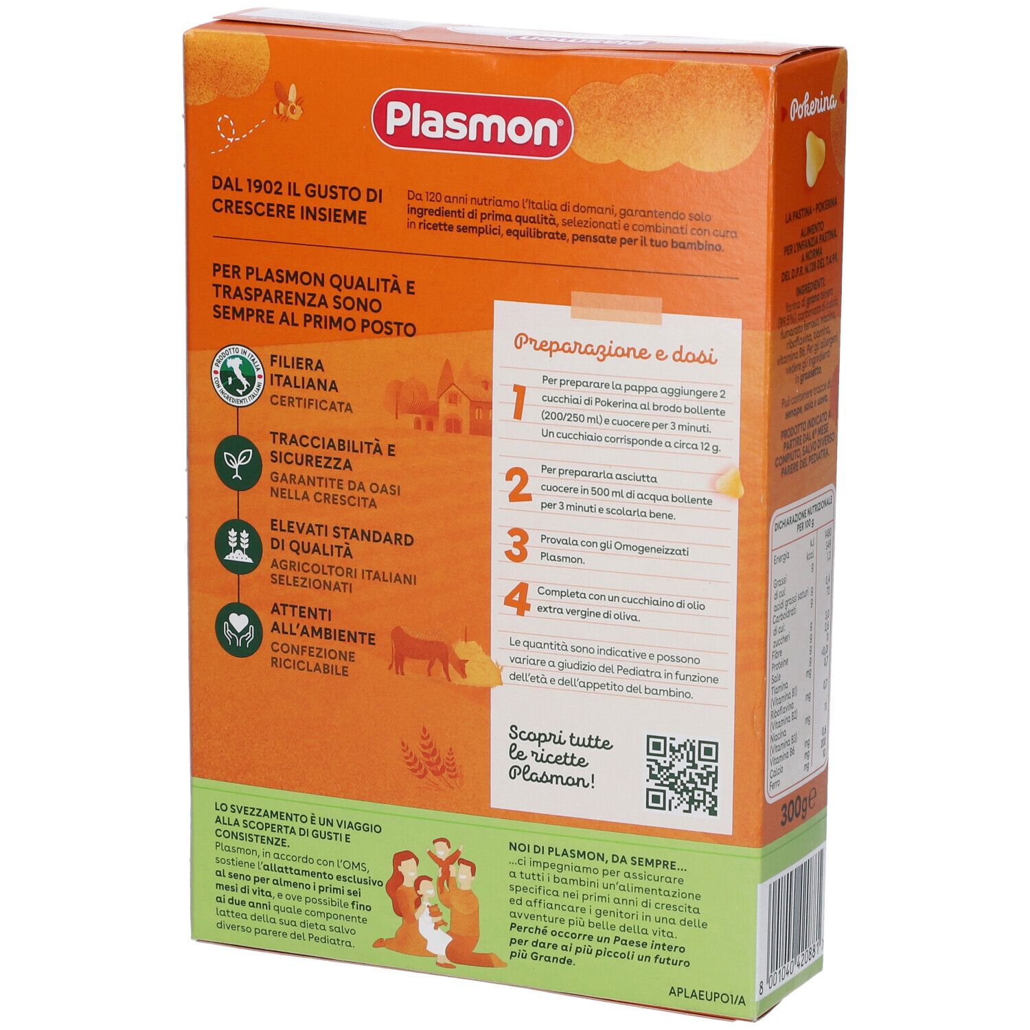 Retro della confezione Plasmon La Pastina Pokerina. Contiene informazioni sulla preparazione e sulla qualità.