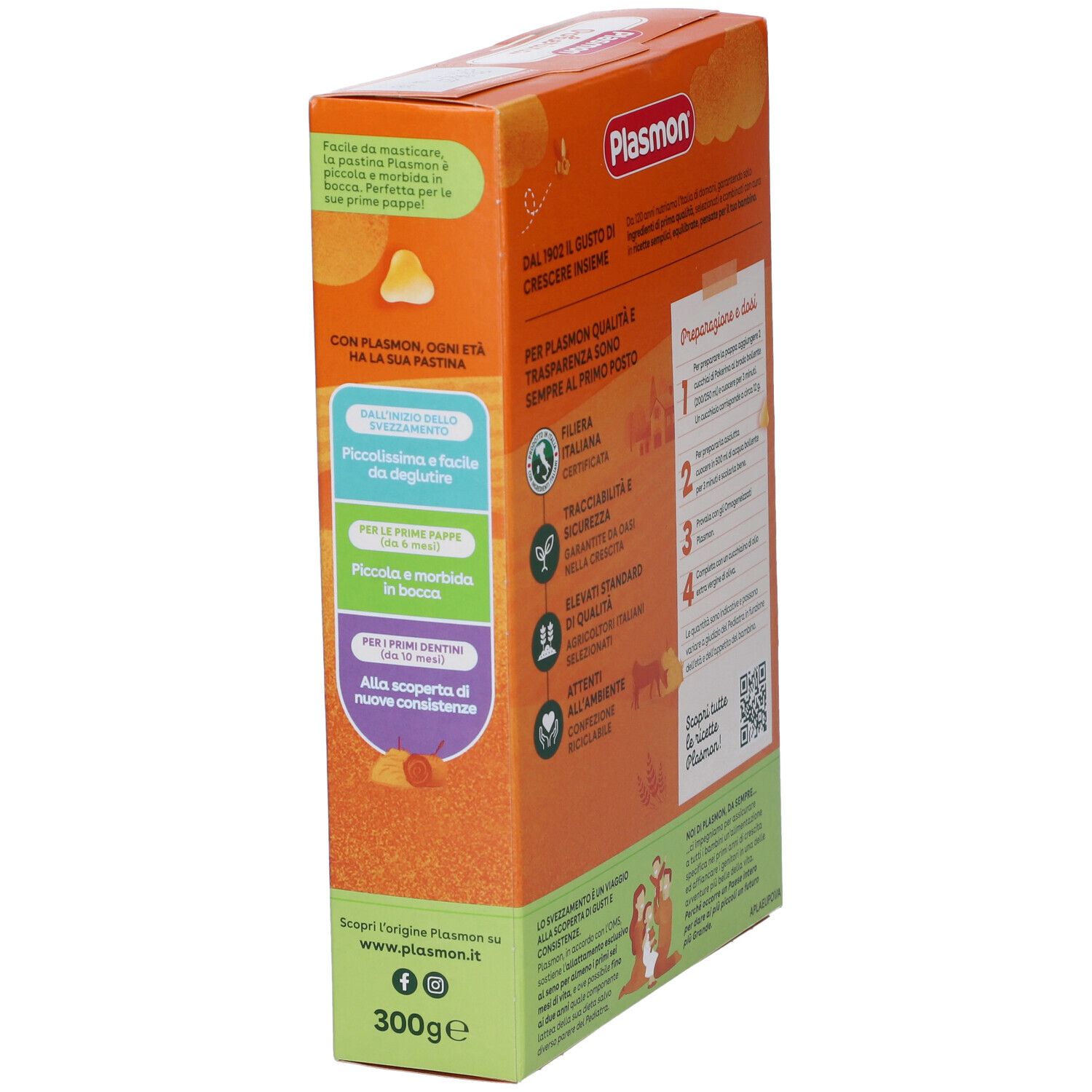 Vista laterale della confezione Plasmon La Pastina Pokerina. Mostra informazioni sulla qualità e la preparazione.