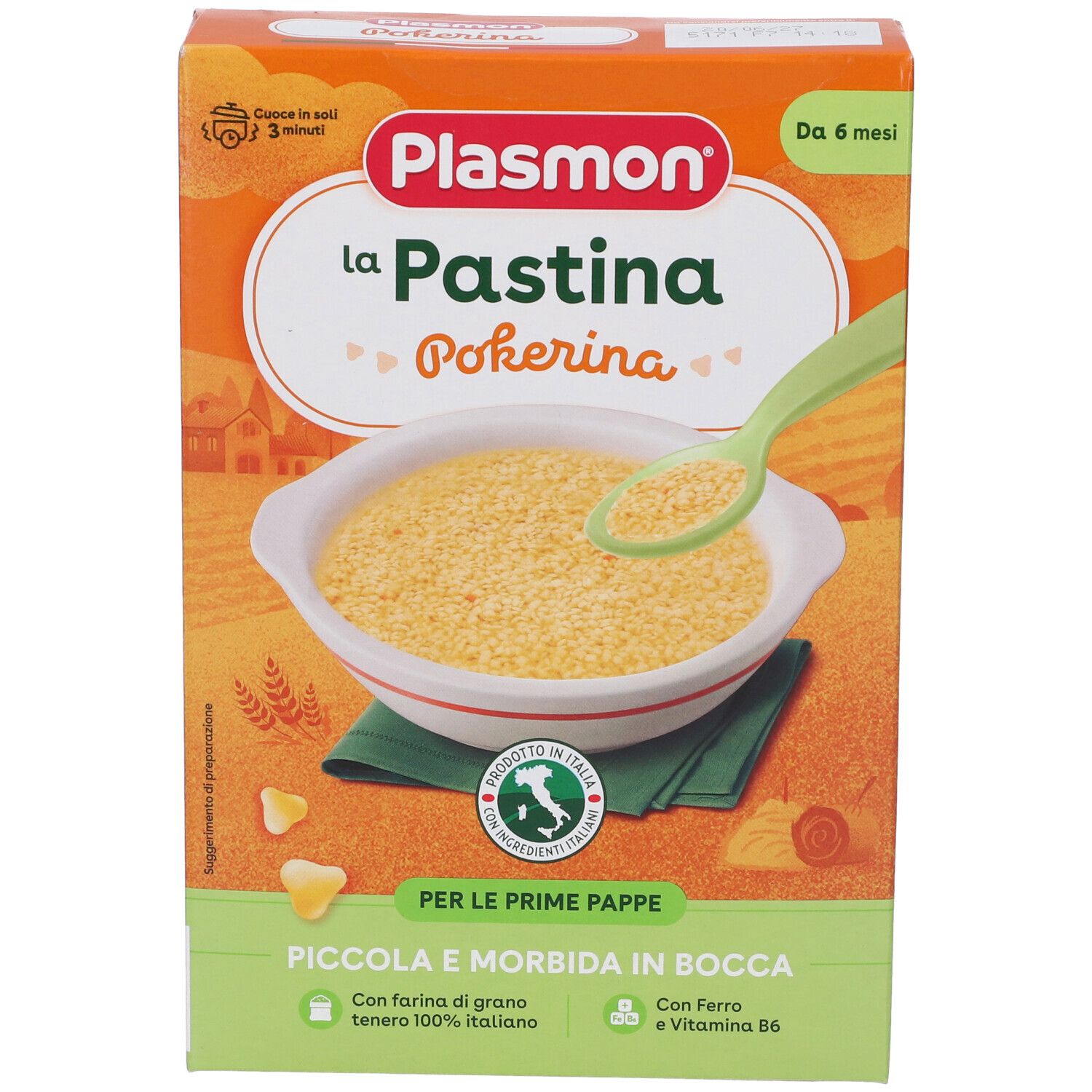 Confezione di Plasmon La Pastina Pokerina. Mostra una ciotola di pasta e un cucchiaio. Per l'alimentazione infantile.