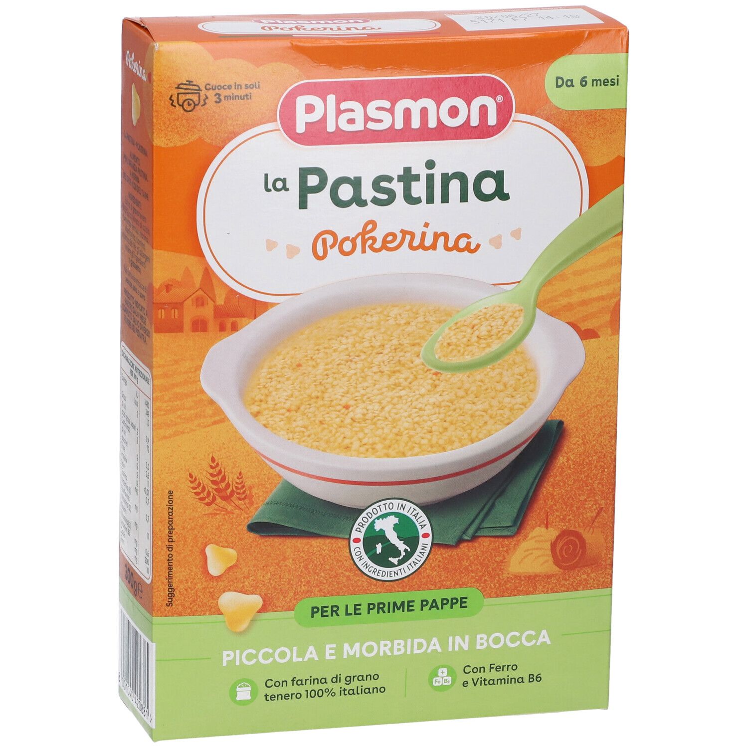 Confezione di Plasmon La Pastina Pokerina. Mostra una ciotola di pasta e un cucchiaio. Per l'alimentazione infantile.